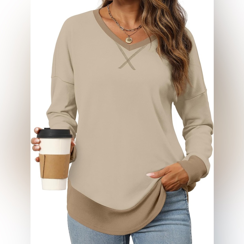 Bofell Sweatshirt Color Block V Neck Shirt Long Sleeve Fall Outfits Khaki